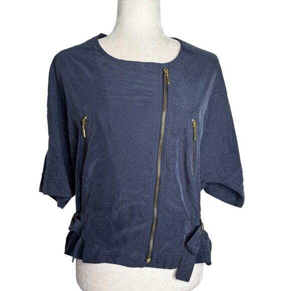 Paul Brial Navy Blue Asymmetrical Zip Jacket Top Size 5 Side Buckles Pockets - Picture 1 of 7